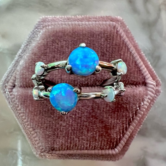 New!Blue and white Opal ring stacking set of 2. Set in solid 925 Sterling Silver - Picture 3 of 17